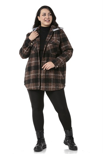 Büyük Beden Kapüşonlu Cepli Yanı Oval Kesim Kahverengi Oduncu Gömlek