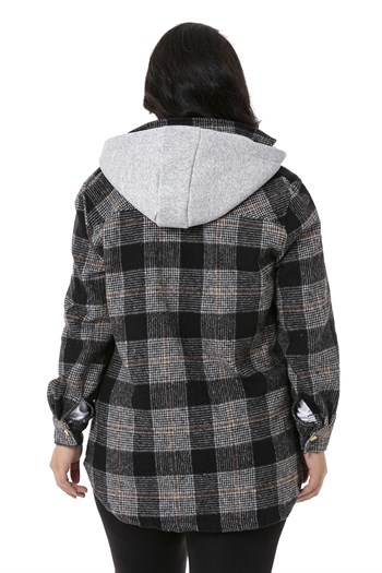 Büyük Beden Kapüşonlu Cepli Yanı Oval Kesim Siyah Oduncu Gömlek