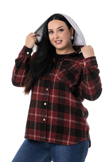 Büyük Beden Kapüşonlu Cepli Yanı Oval Kesim Bordo Oduncu Gömlek