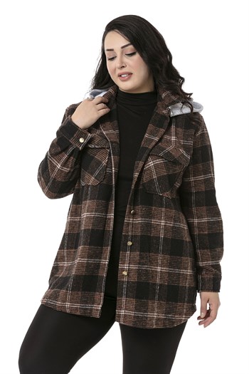 Büyük Beden Kapüşonlu Cepli Yanı Oval Kesim Kahverengi Oduncu Gömlek