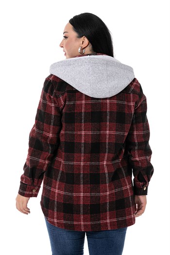 Büyük Beden Kapüşonlu Cepli Yanı Oval Kesim Bordo Oduncu Gömlek