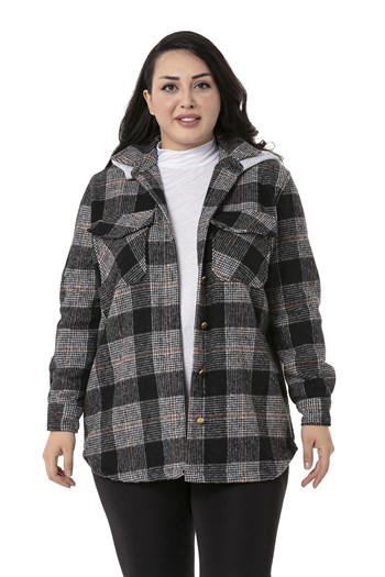 Büyük Beden Kapüşonlu Cepli Yanı Oval Kesim Siyah Oduncu Gömlek