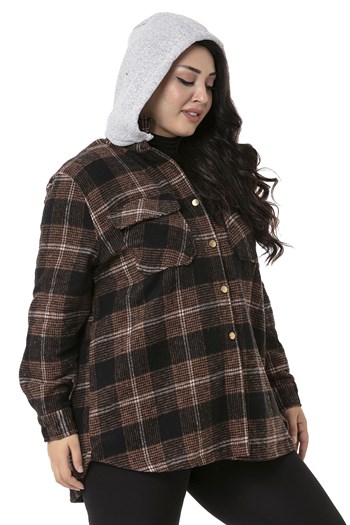 Büyük Beden Kapüşonlu Cepli Yanı Oval Kesim Kahverengi Oduncu Gömlek