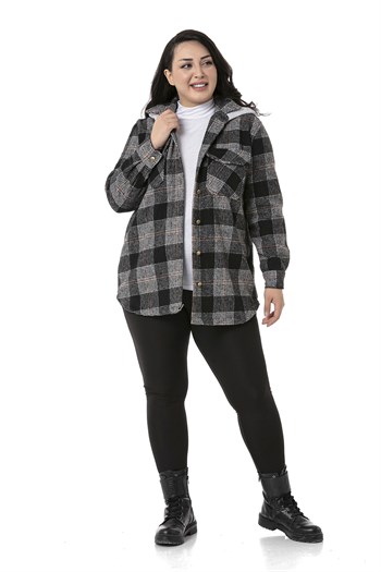 Büyük Beden Kapüşonlu Cepli Yanı Oval Kesim Siyah Oduncu Gömlek