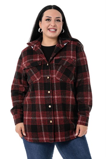 Büyük Beden Kapüşonlu Cepli Yanı Oval Kesim Bordo Oduncu Gömlek