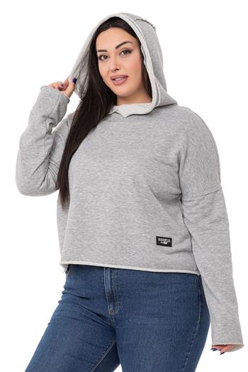 Büyük Beden Kapüşonlu Düşük Kollu Pis Dikişli Üç İplik Gri Melanj Sweatshirt 