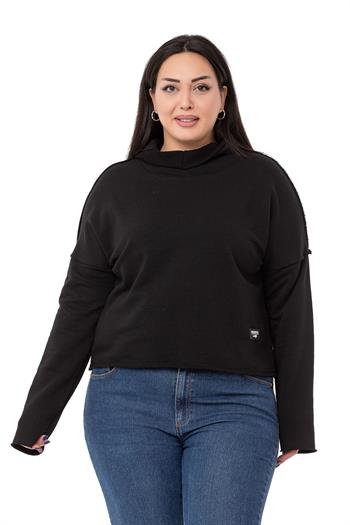 Büyük Beden Kapüşonlu Düşük Kollu Pis Dikişli Üç İplik Siyah Sweatshirt 