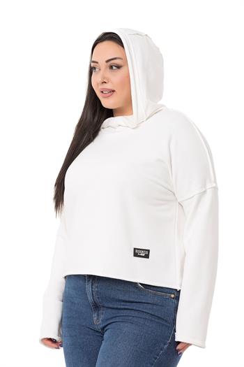 Büyük Beden Kapüşonlu Düşük Kollu Pis Dikişli Üç İplik Beyaz Sweatshirt 