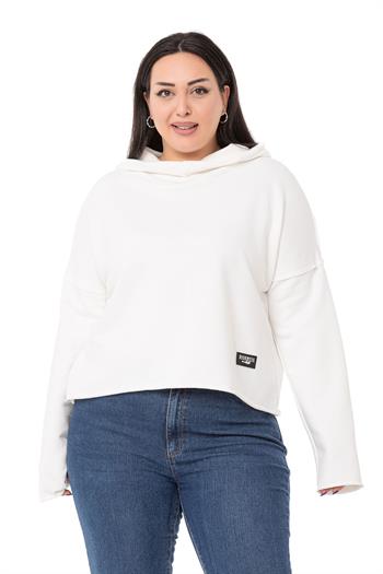 Büyük Beden Kapüşonlu Düşük Kollu Pis Dikişli Üç İplik Beyaz Sweatshirt 