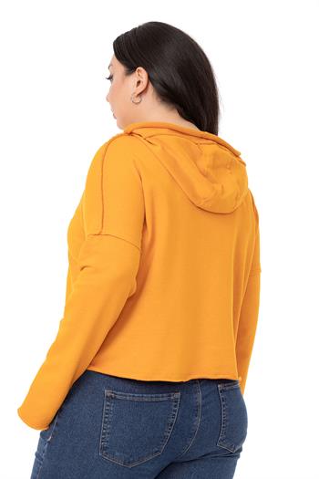 Büyük Beden Kapüşonlu Düşük Kollu Pis Dikişli Üç İplik Hardal Sweatshirt 