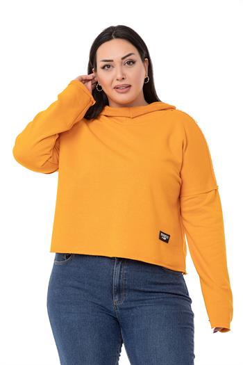 Büyük Beden Kapüşonlu Düşük Kollu Pis Dikişli Üç İplik Hardal Sweatshirt 
