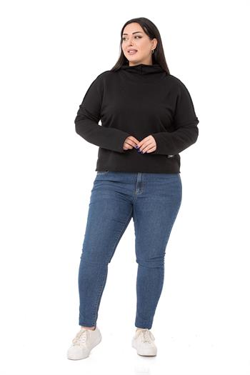 Büyük Beden Kapüşonlu Düşük Kollu Pis Dikişli Üç İplik Siyah Sweatshirt 