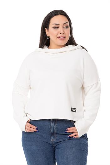 Büyük Beden Kapüşonlu Düşük Kollu Pis Dikişli Üç İplik Beyaz Sweatshirt 