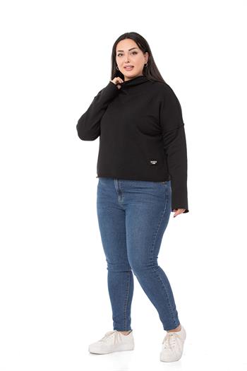 Büyük Beden Kapüşonlu Düşük Kollu Pis Dikişli Üç İplik Siyah Sweatshirt 