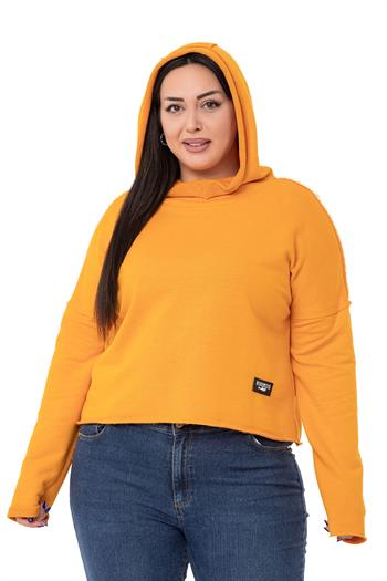 Büyük Beden Kapüşonlu Düşük Kollu Pis Dikişli Üç İplik Hardal Sweatshirt 