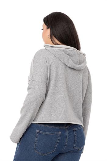Büyük Beden Kapüşonlu Düşük Kollu Pis Dikişli Üç İplik Gri Melanj Sweatshirt 
