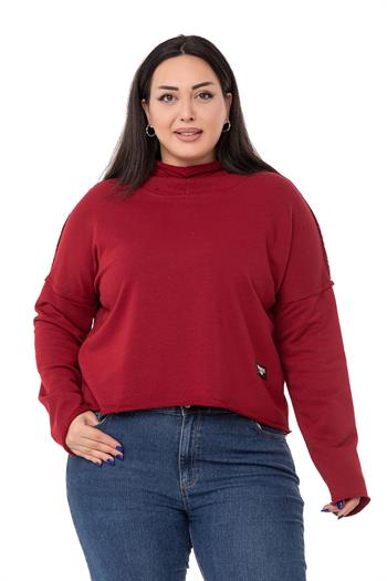 Büyük Beden Kapüşonlu Düşük Kollu Pis Dikişli Üç İplik Bordo Sweatshirt 