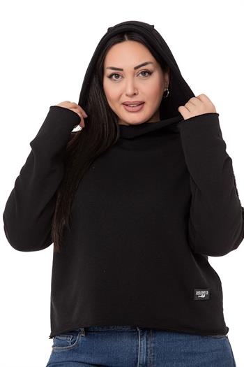 Büyük Beden Kapüşonlu Düşük Kollu Pis Dikişli Üç İplik Siyah Sweatshirt 