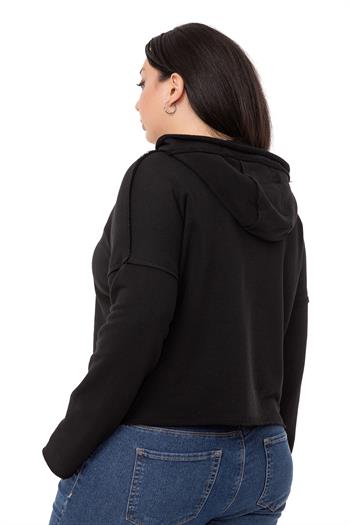 Büyük Beden Kapüşonlu Düşük Kollu Pis Dikişli Üç İplik Siyah Sweatshirt 