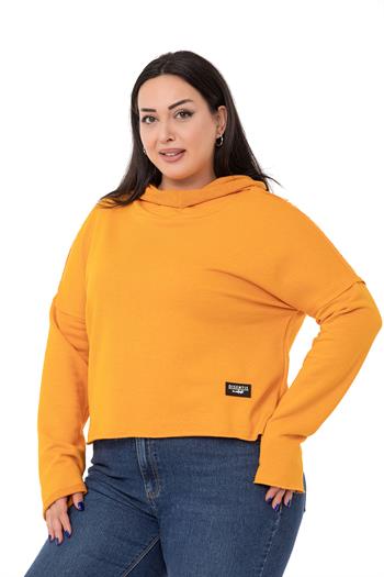 Büyük Beden Kapüşonlu Düşük Kollu Pis Dikişli Üç İplik Hardal Sweatshirt 