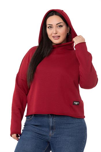 Büyük Beden Kapüşonlu Düşük Kollu Pis Dikişli Üç İplik Bordo Sweatshirt 