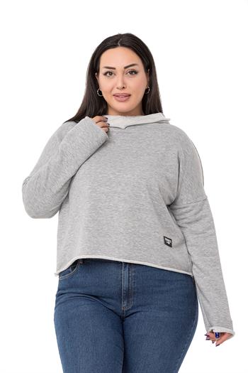 Büyük Beden Kapüşonlu Düşük Kollu Pis Dikişli Üç İplik Gri Melanj Sweatshirt 