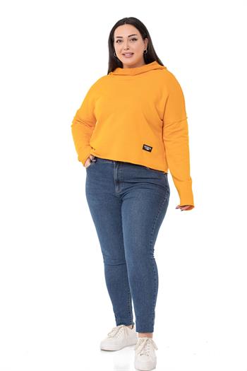 Büyük Beden Kapüşonlu Düşük Kollu Pis Dikişli Üç İplik Hardal Sweatshirt 