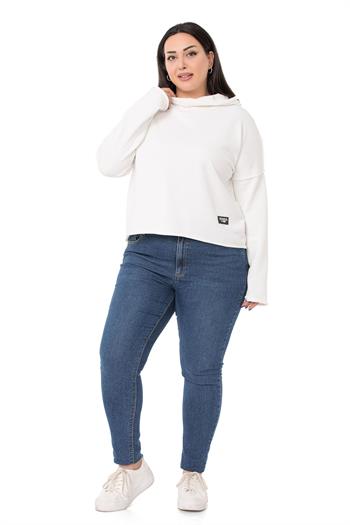 Büyük Beden Kapüşonlu Düşük Kollu Pis Dikişli Üç İplik Beyaz Sweatshirt 