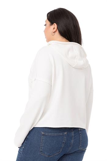 Büyük Beden Kapüşonlu Düşük Kollu Pis Dikişli Üç İplik Beyaz Sweatshirt 