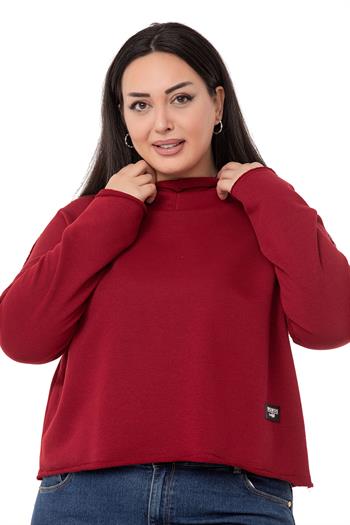 Büyük Beden Kapüşonlu Düşük Kollu Pis Dikişli Üç İplik Bordo Sweatshirt 