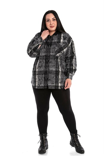 Büyük Beden Kapüşonlu Fermuarlı Tek Cepli Baskılı Gri Ceket Gömlek
