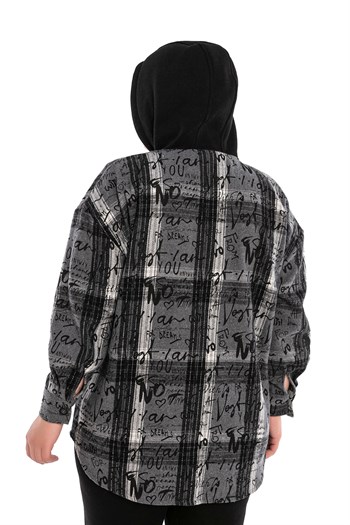 Büyük Beden Kapüşonlu Fermuarlı Tek Cepli Baskılı Gri Ceket Gömlek