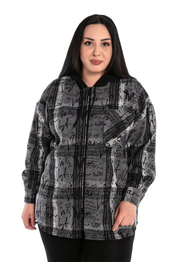 Büyük Beden Kapüşonlu Fermuarlı Tek Cepli Baskılı Gri Ceket Gömlek