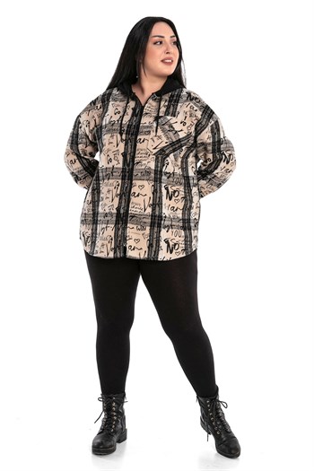 Büyük Beden Kapüşonlu Fermuarlı Tek Cepli Baskılı Bej Ceket Gömlek