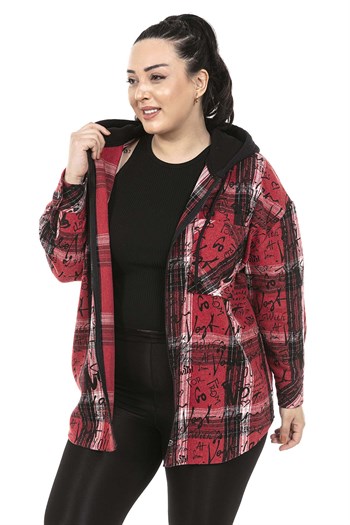 Büyük Beden Kapüşonlu Fermuarlı Tek Cepli Baskılı Kırmızı Ceket Gömlek