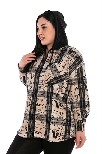 Büyük Beden Kapüşonlu Fermuarlı Tek Cepli Baskılı Bej Ceket Gömlek