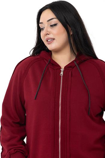 Büyük Beden Kapüşonlu Fermuarlı Üç İplik Bordo Sweatshirt