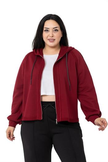 Büyük Beden Kapüşonlu Fermuarlı Üç İplik Bordo Sweatshirt