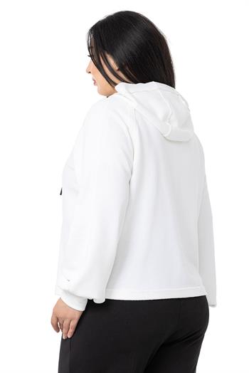Büyük Beden Kapüşonlu Fermuarlı Üç İplik Beyaz Sweatshirt