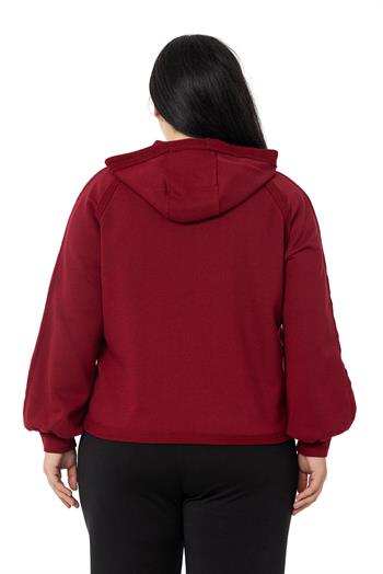 Büyük Beden Kapüşonlu Fermuarlı Üç İplik Bordo Sweatshirt