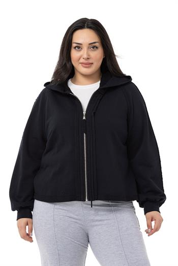 Büyük Beden Kapüşonlu Fermuarlı Üç İplik Siyah Sweatshirt