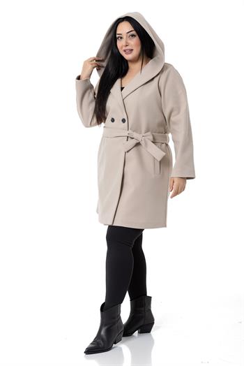 Büyük Beden Kapüşonlu Fleto Cepli Kuşaklı Bej Kaban
