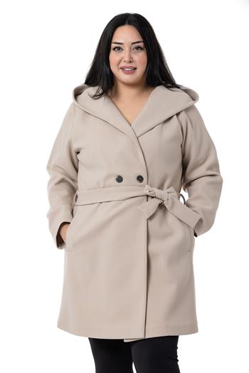 Büyük Beden Kapüşonlu Fleto Cepli Kuşaklı Bej Kaban