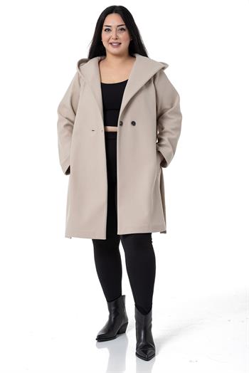 Büyük Beden Kapüşonlu Fleto Cepli Kuşaklı Bej Kaban