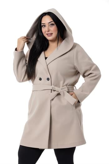 Büyük Beden Kapüşonlu Fleto Cepli Kuşaklı Bej Kaban