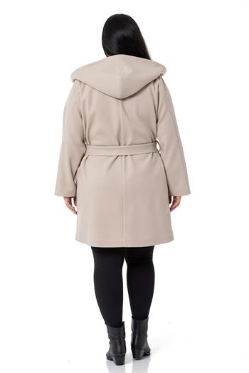 Büyük Beden Kapüşonlu Fleto Cepli Kuşaklı Bej Kaban
