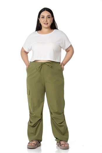 Plus Size Cargo Pocket Parachute Khaki Trousers
