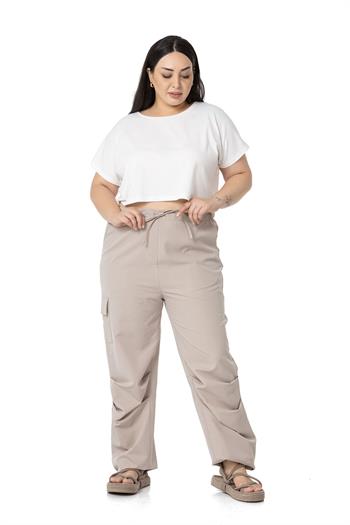 Plus Size Cargo Pocket Parachute Stone Trousers