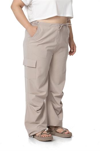 Plus Size Cargo Pocket Parachute Stone Trousers
