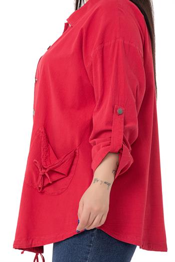 Büyük Beden Katlamalı Kollu Cebi Büzgü Detaylı Uzun Kırmızı Ceket